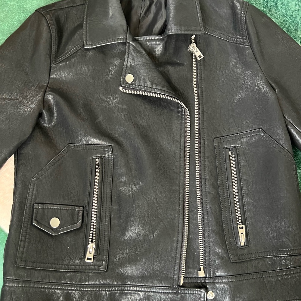 Topshop Black Leather Moto Jacket Asymmetrical Zipper